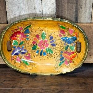 Vintage Batea Wood Floral Mexican Folk Art Tray 13.5 X 10 Inches Hand Painted